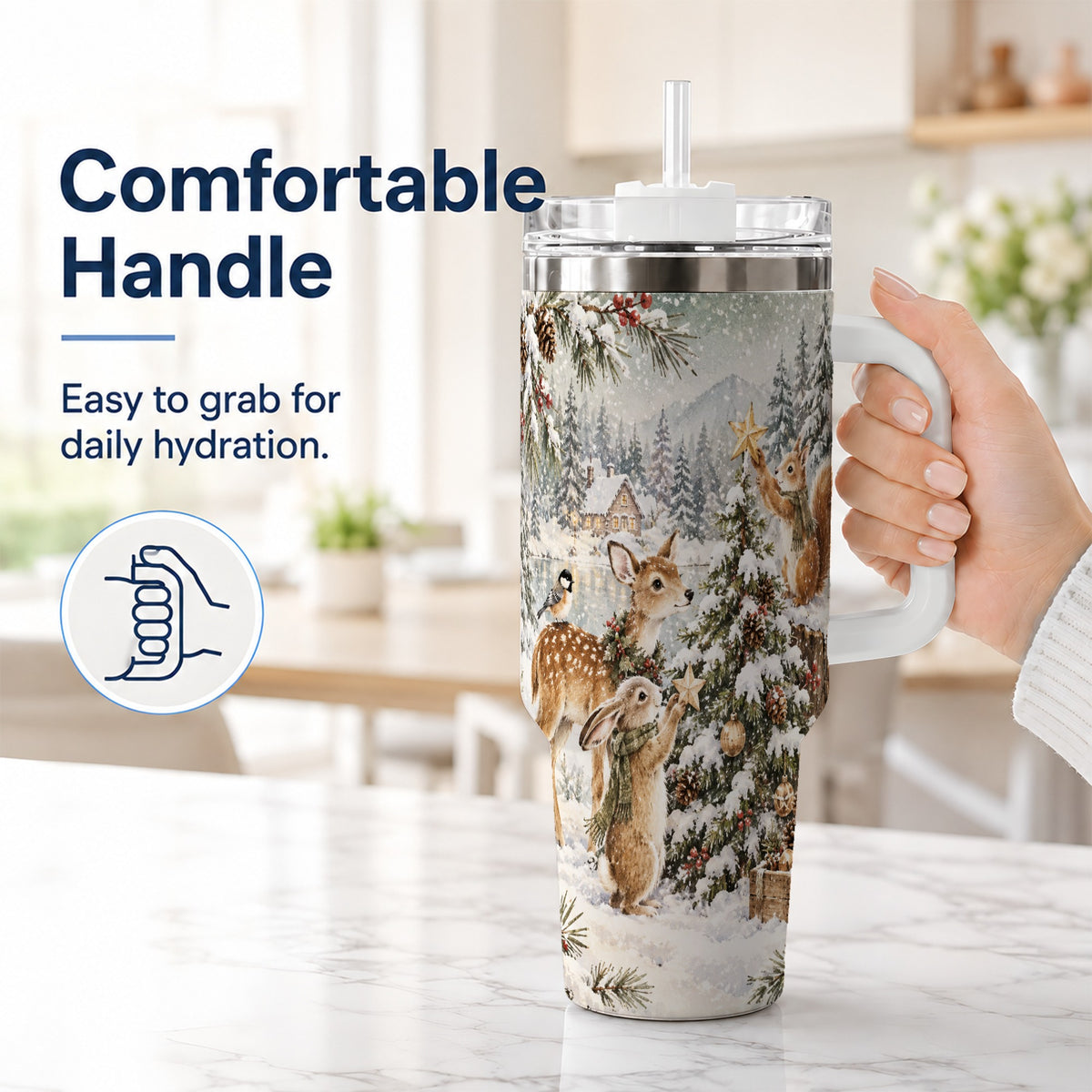 #pl[40oz|White] Woodland Christmas 40oz Tumbler with Handle, Winter Animals Travel Cup