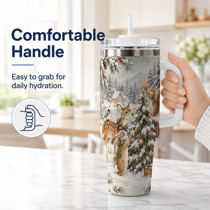 #pl[40oz|White] Woodland Christmas 40oz Tumbler with Handle, Winter Animals Travel Cup
