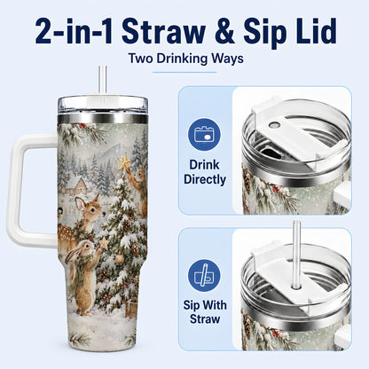 #pl[40oz|White] Woodland Christmas 40oz Tumbler with Handle, Winter Animals Travel Cup