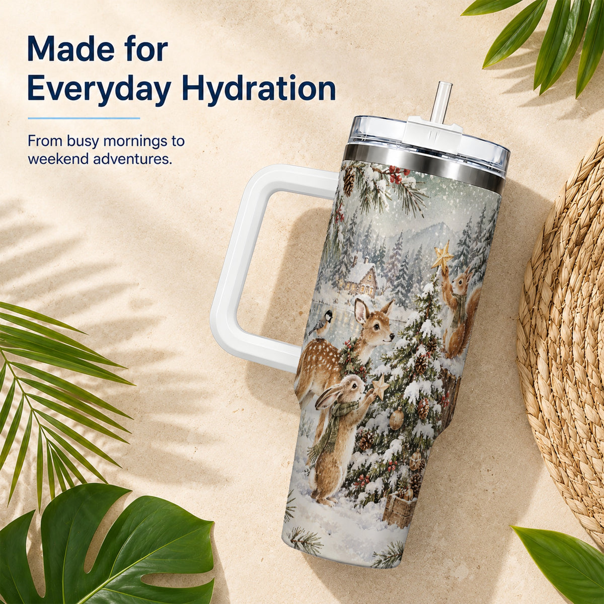 Woodland Christmas 40oz Tumbler with Handle, Winter Animals Travel Cup