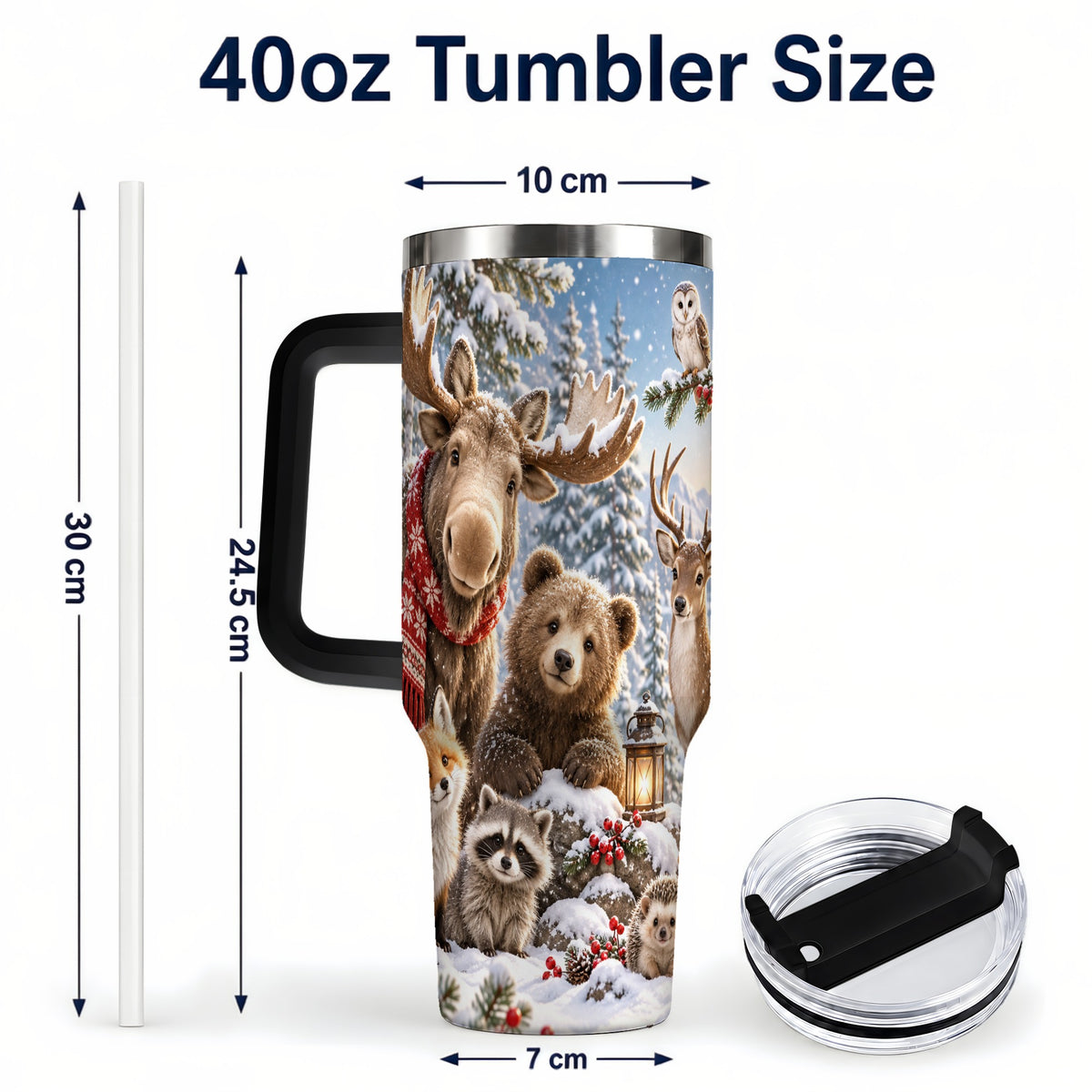 #pl[40oz|Black] Winter Wildlife 40oz Tumbler with Handle, Forest Animals Travel Cup