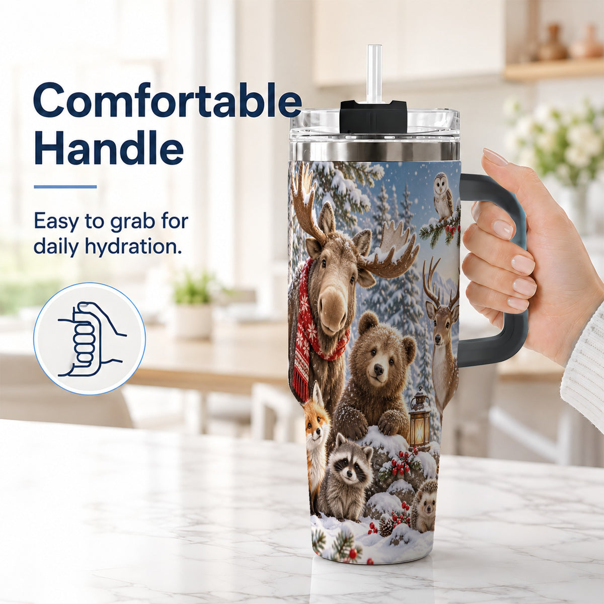#pl[40oz|Black] Winter Wildlife 40oz Tumbler with Handle, Forest Animals Travel Cup