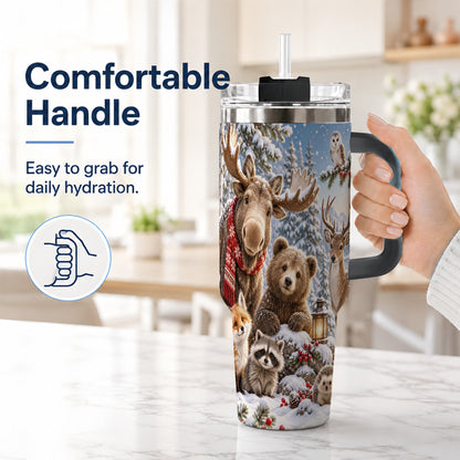 #pl[40oz|Black] Winter Wildlife 40oz Tumbler with Handle, Forest Animals Travel Cup