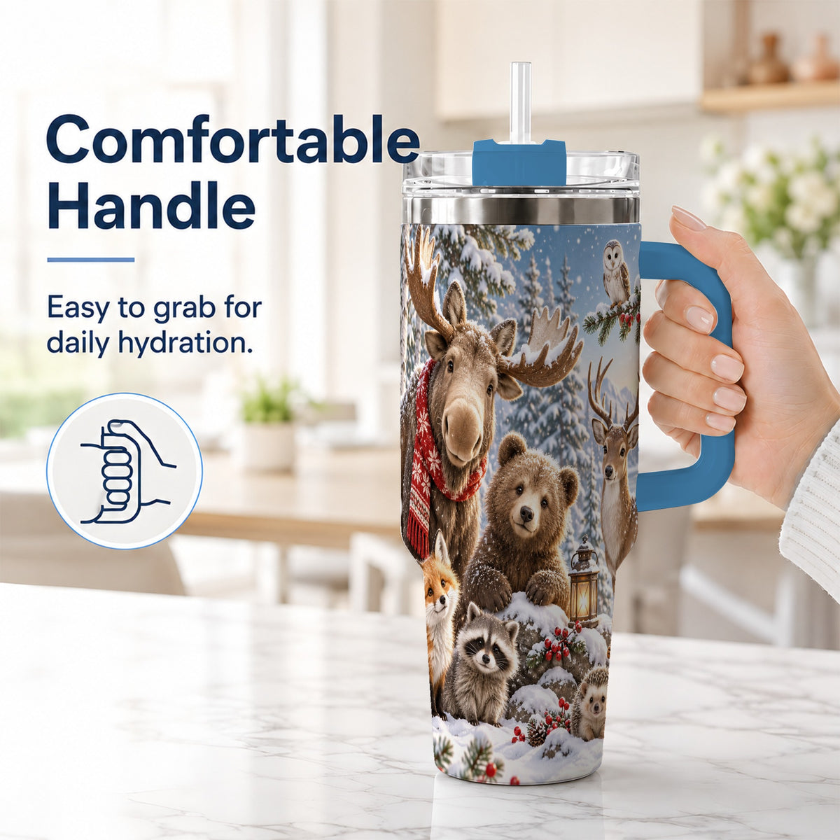 #pl[40oz|Blue] Winter Wildlife 40oz Tumbler with Handle, Forest Animals Travel Cup