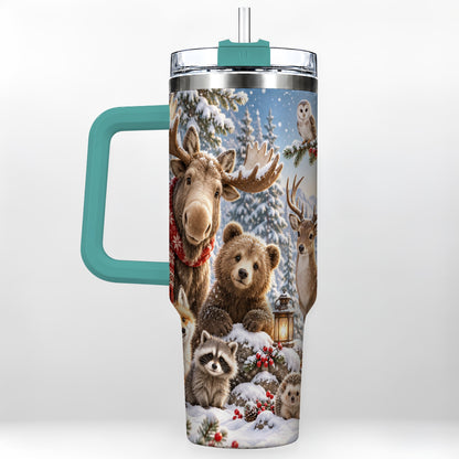 #pl[40oz|Green] Winter Wildlife 40oz Tumbler with Handle, Forest Animals Travel Cup