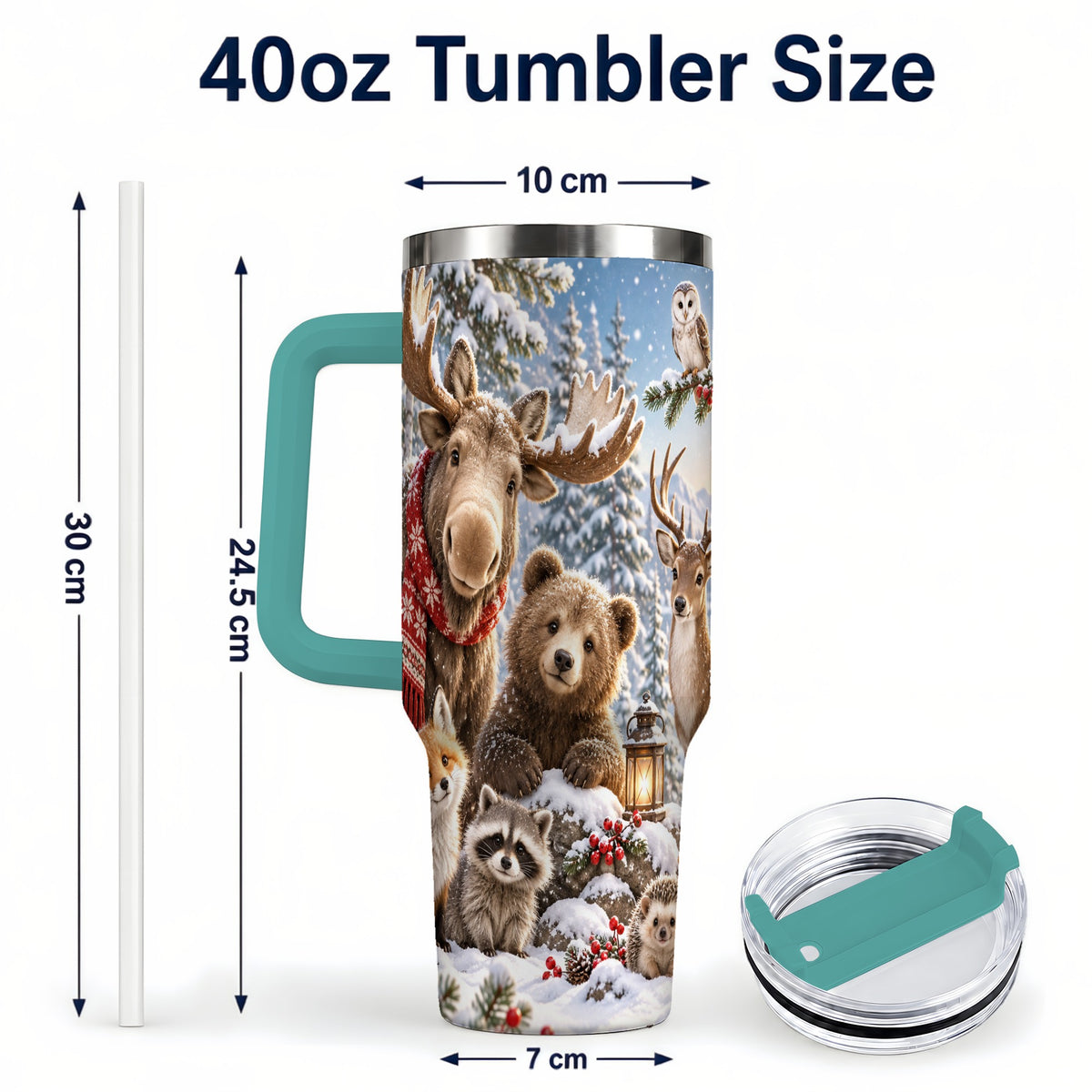 #pl[40oz|Green] Winter Wildlife 40oz Tumbler with Handle, Forest Animals Travel Cup