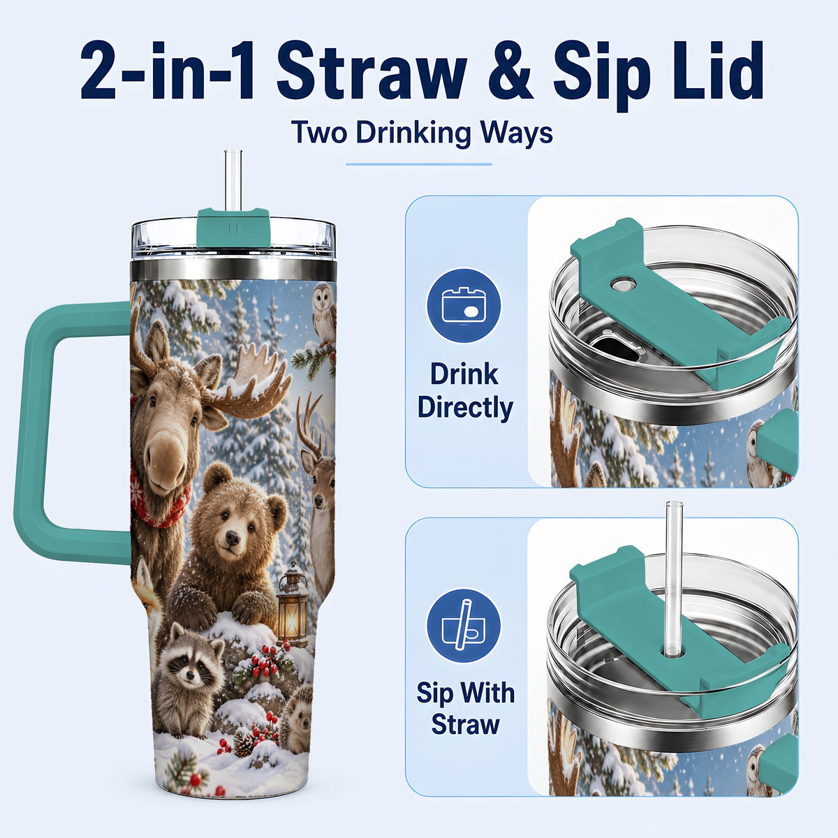 #pl[40oz|Green] Winter Wildlife 40oz Tumbler with Handle, Forest Animals Travel Cup