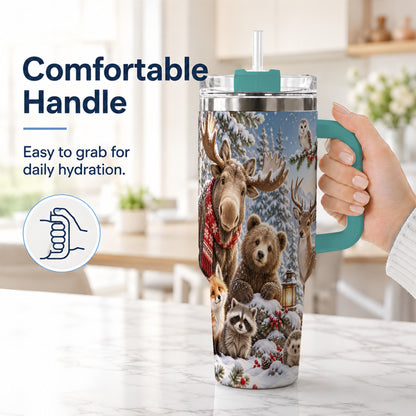 #pl[40oz|Green] Winter Wildlife 40oz Tumbler with Handle, Forest Animals Travel Cup