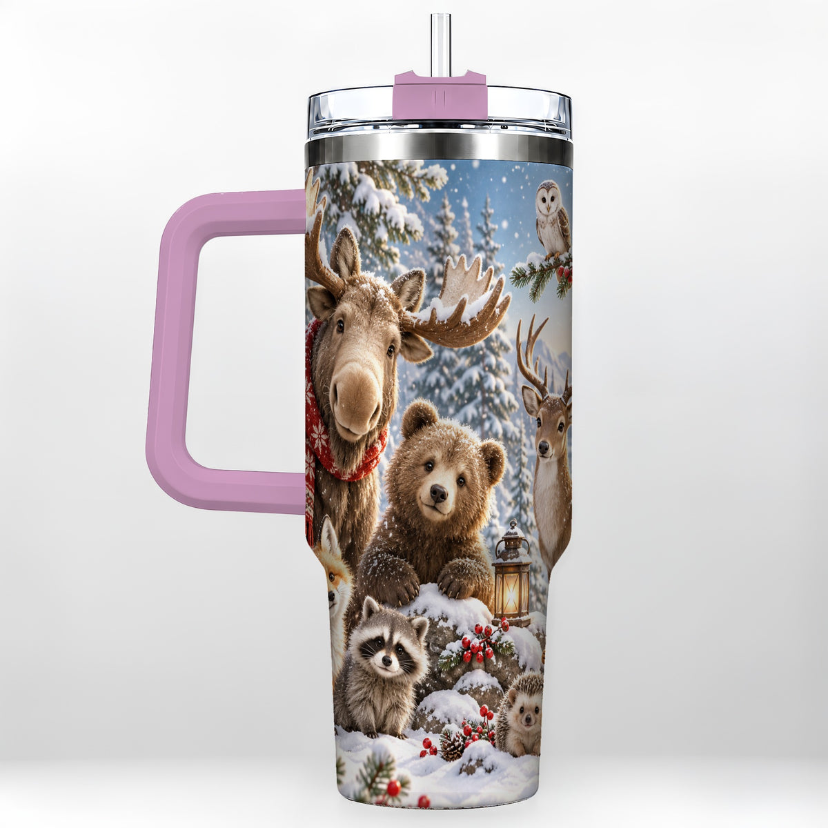 #pl[40oz|Pink] Winter Wildlife 40oz Tumbler with Handle, Forest Animals Travel Cup