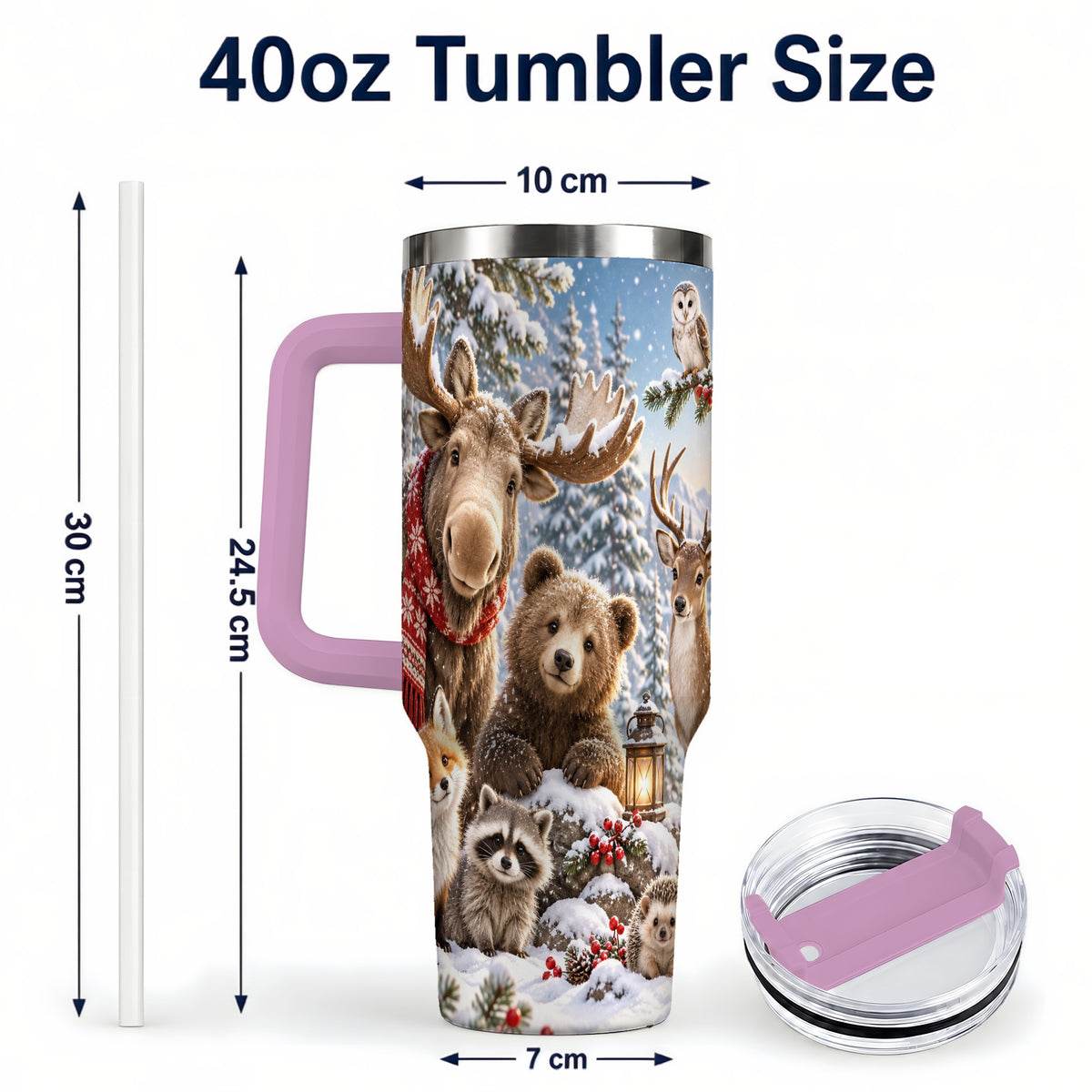 #pl[40oz|Pink] Winter Wildlife 40oz Tumbler with Handle, Forest Animals Travel Cup