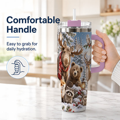 #pl[40oz|Pink] Winter Wildlife 40oz Tumbler with Handle, Forest Animals Travel Cup