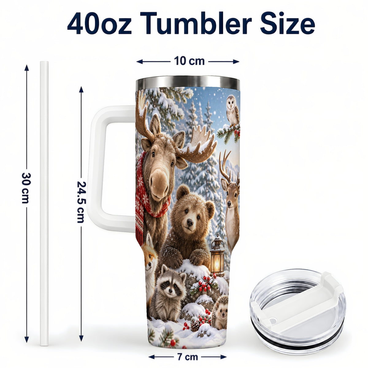 #pl[40oz|White] Winter Wildlife 40oz Tumbler with Handle, Forest Animals Travel Cup