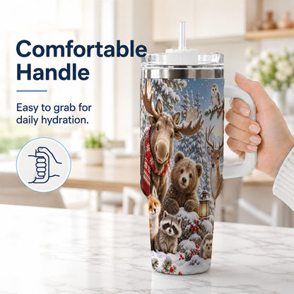 #pl[40oz|White] Winter Wildlife 40oz Tumbler with Handle, Forest Animals Travel Cup