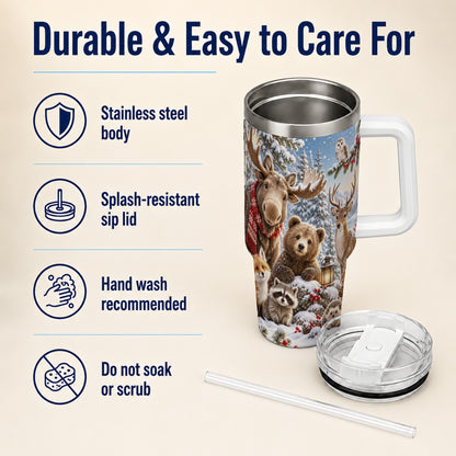 Winter Wildlife 40oz Tumbler with Handle, Forest Animals Travel Cup