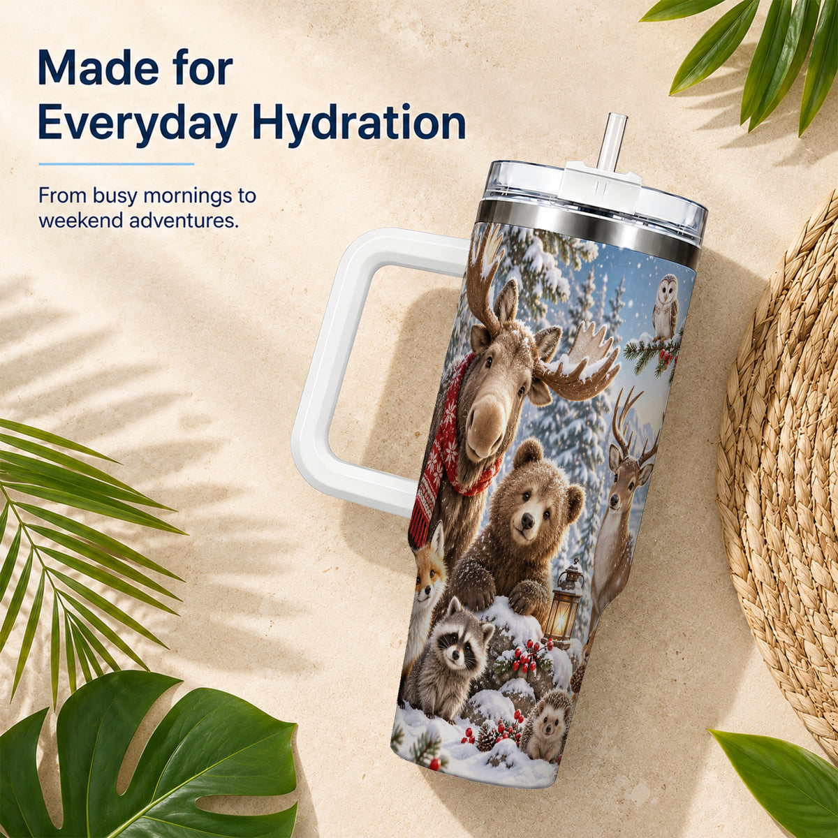 Winter Wildlife 40oz Tumbler with Handle, Forest Animals Travel Cup