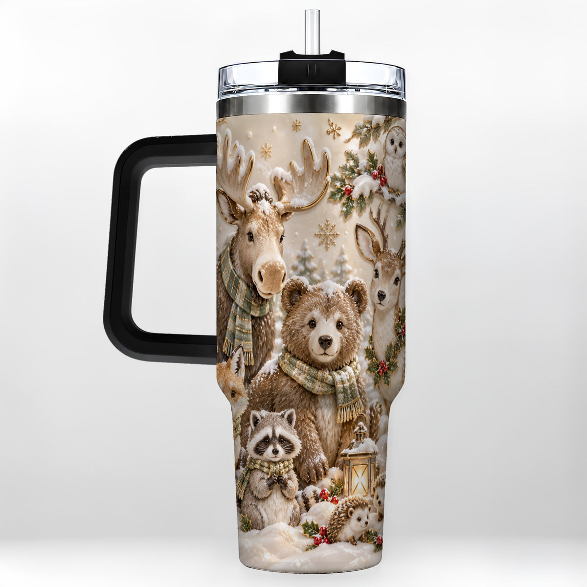 #pl[40oz|Black] Porcelain Woodland 40oz Tumbler with Handle, Winter Animals Travel Cup