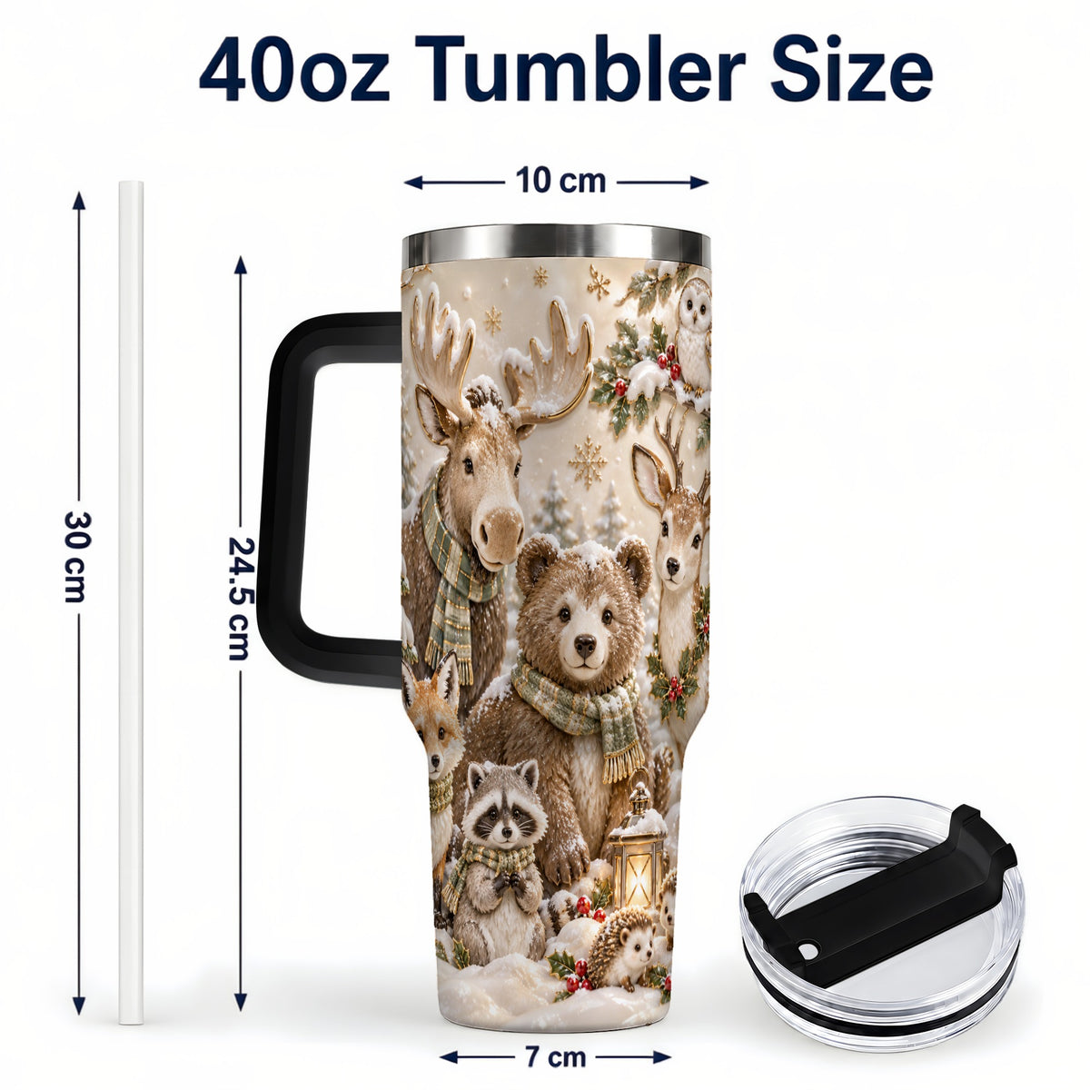 #pl[40oz|Black] Porcelain Woodland 40oz Tumbler with Handle, Winter Animals Travel Cup