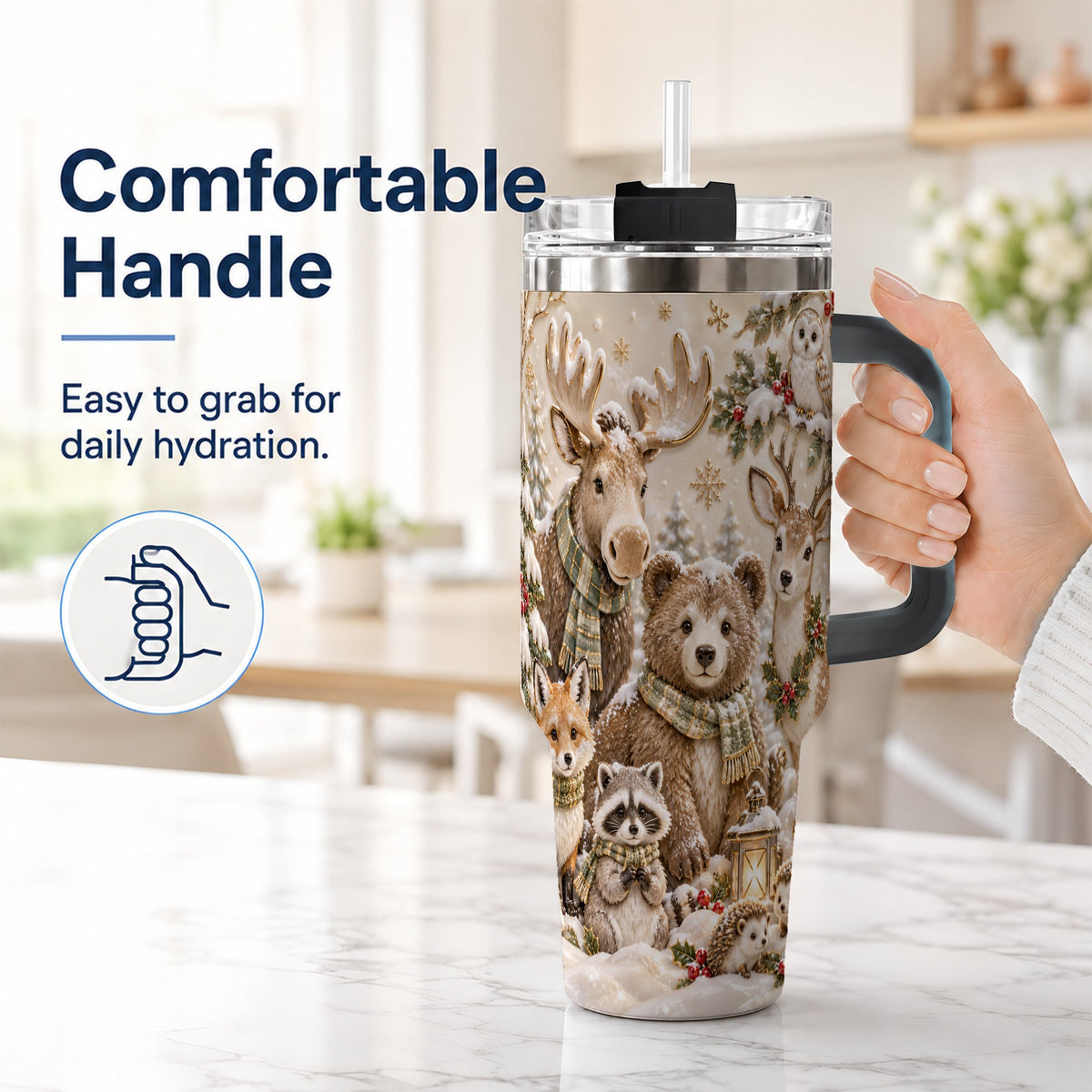 #pl[40oz|Black] Porcelain Woodland 40oz Tumbler with Handle, Winter Animals Travel Cup