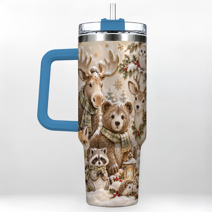 #pl[40oz|Blue] Porcelain Woodland 40oz Tumbler with Handle, Winter Animals Travel Cup