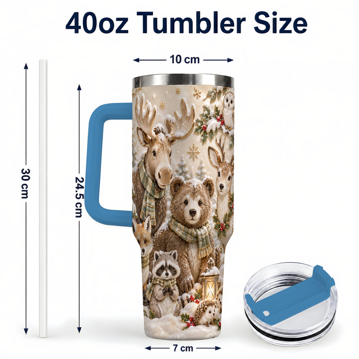 #pl[40oz|Blue] Porcelain Woodland 40oz Tumbler with Handle, Winter Animals Travel Cup