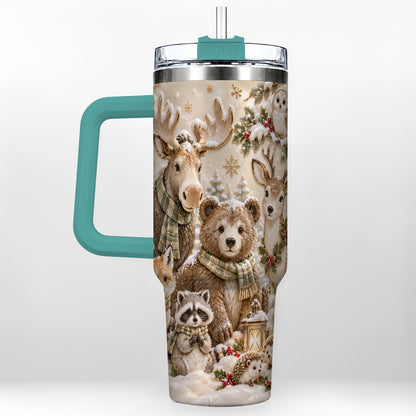 #pl[40oz|Green] Porcelain Woodland 40oz Tumbler with Handle, Winter Animals Travel Cup