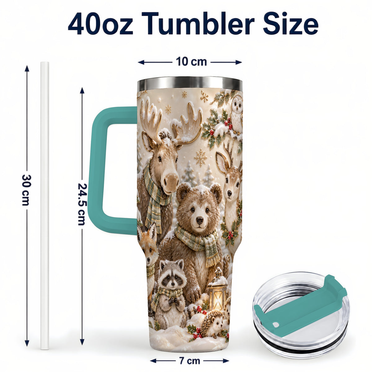 #pl[40oz|Green] Porcelain Woodland 40oz Tumbler with Handle, Winter Animals Travel Cup