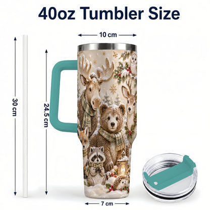 #pl[40oz|Green] Porcelain Woodland 40oz Tumbler with Handle, Winter Animals Travel Cup