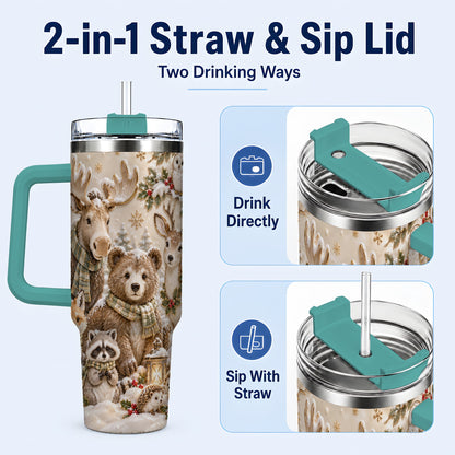#pl[40oz|Green] Porcelain Woodland 40oz Tumbler with Handle, Winter Animals Travel Cup