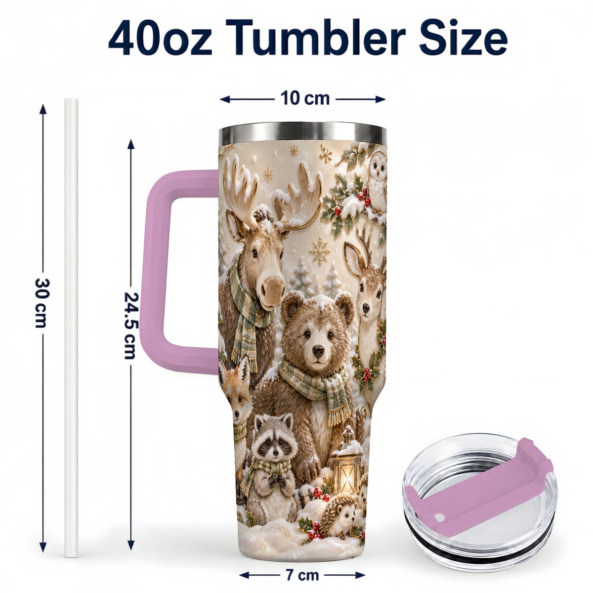 #pl[40oz|Pink] Porcelain Woodland 40oz Tumbler with Handle, Winter Animals Travel Cup