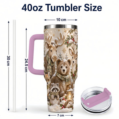 #pl[40oz|Pink] Porcelain Woodland 40oz Tumbler with Handle, Winter Animals Travel Cup