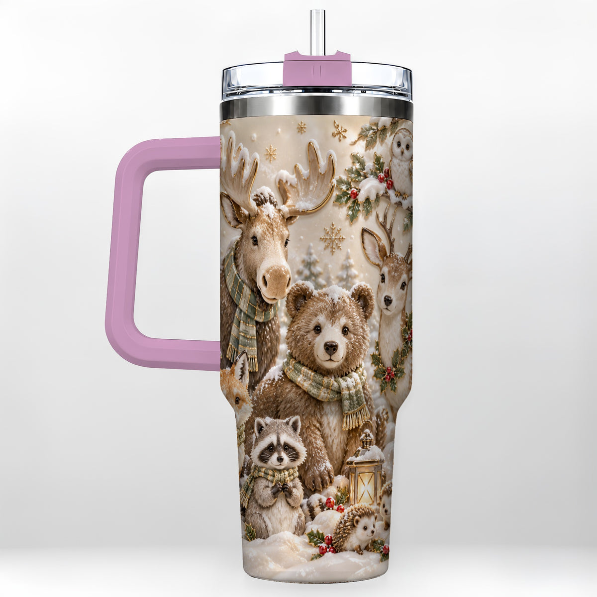 #pl[40oz|Pink] Porcelain Woodland 40oz Tumbler with Handle, Winter Animals Travel Cup