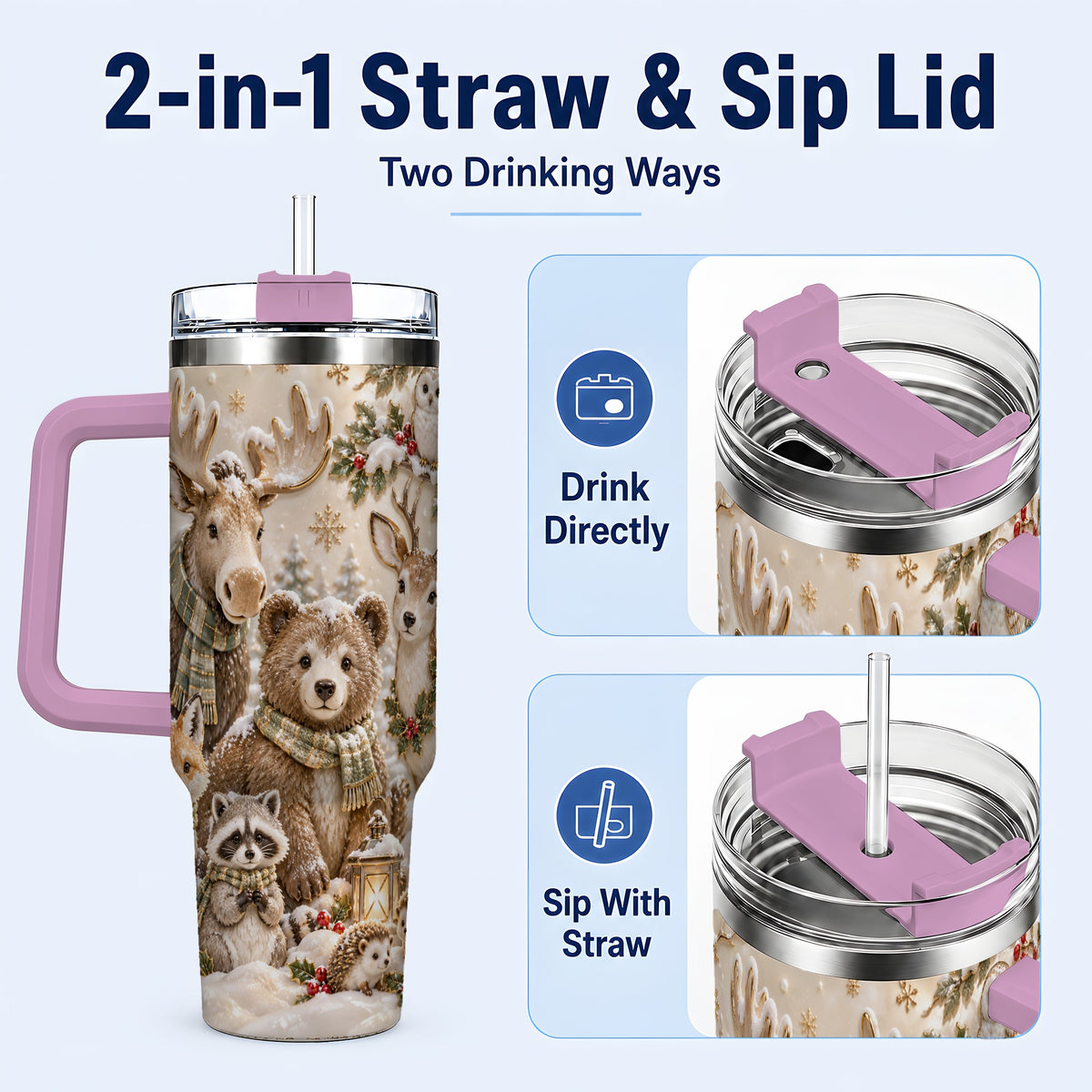#pl[40oz|Pink] Porcelain Woodland 40oz Tumbler with Handle, Winter Animals Travel Cup