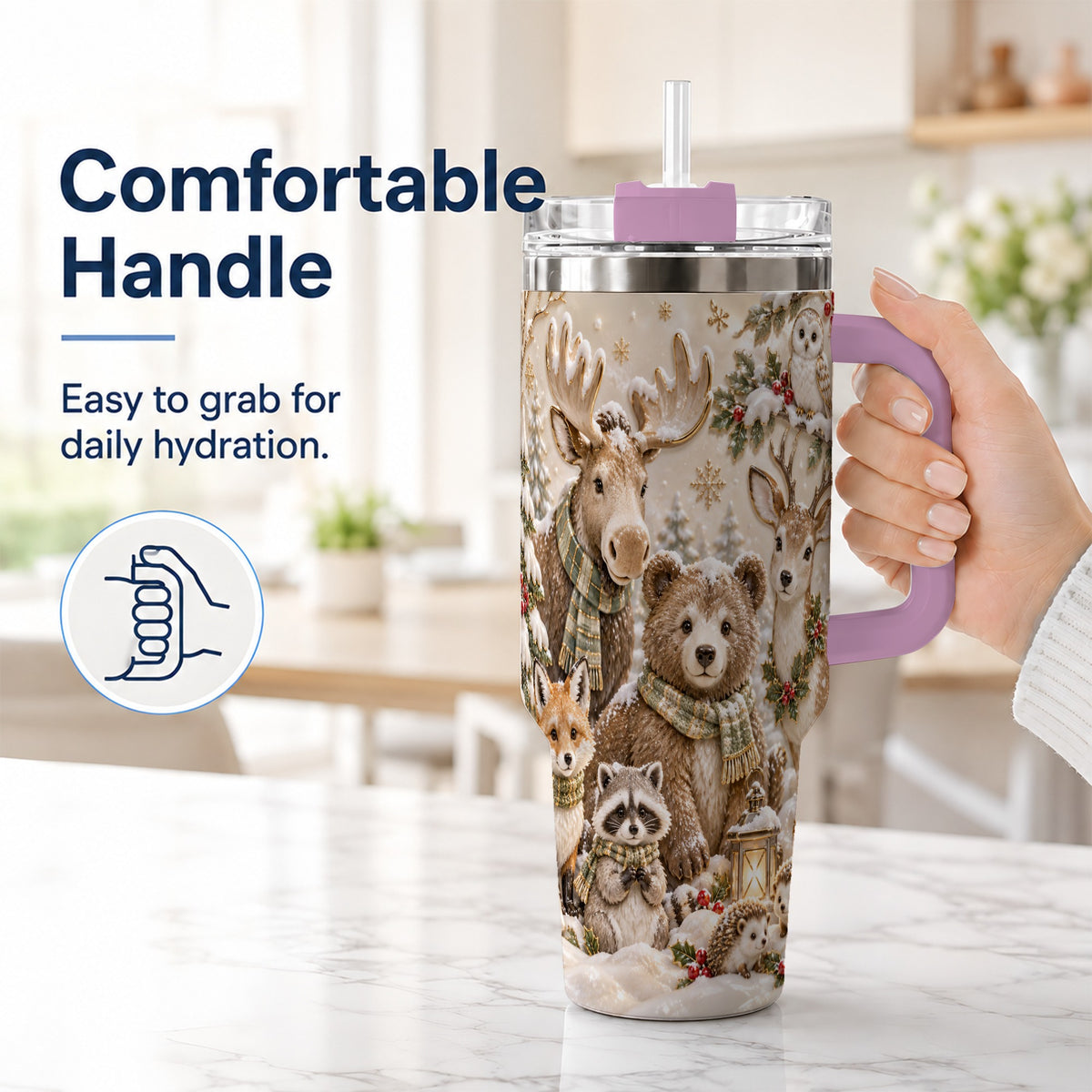 #pl[40oz|Pink] Porcelain Woodland 40oz Tumbler with Handle, Winter Animals Travel Cup