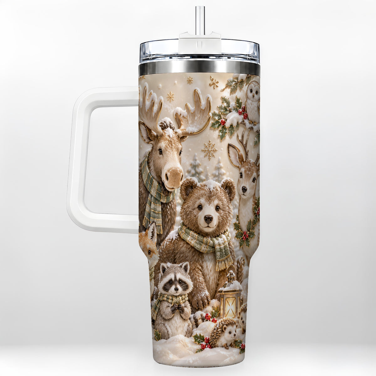 Porcelain Woodland 40oz Tumbler with Handle, Winter Animals Travel Cup