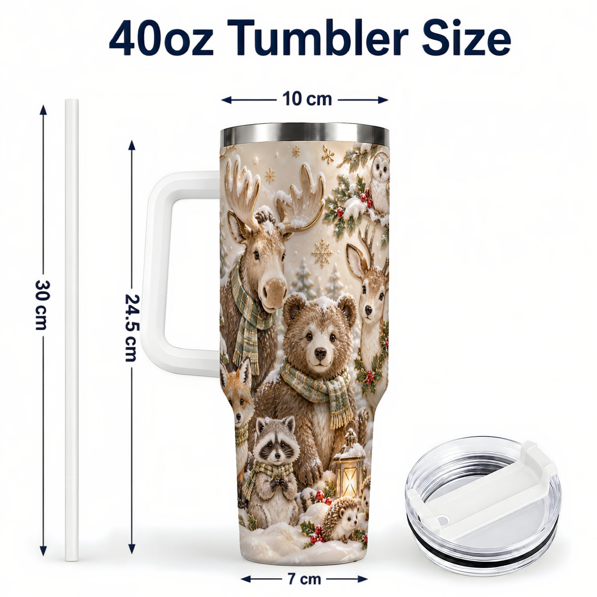 #pl[40oz|White] Porcelain Woodland 40oz Tumbler with Handle, Winter Animals Travel Cup