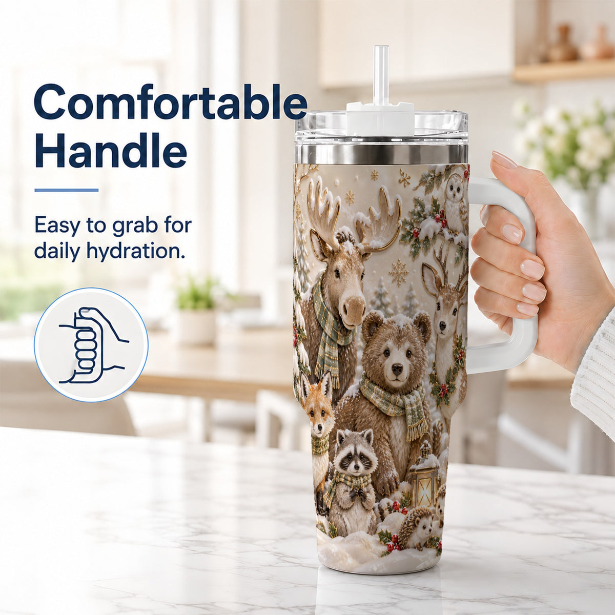 #pl[40oz|White] Porcelain Woodland 40oz Tumbler with Handle, Winter Animals Travel Cup