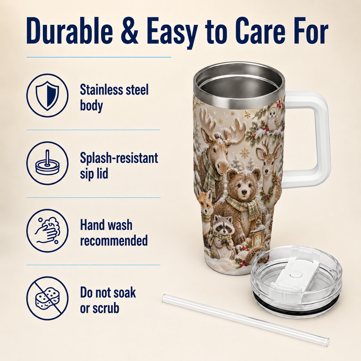 Porcelain Woodland 40oz Tumbler with Handle, Winter Animals Travel Cup