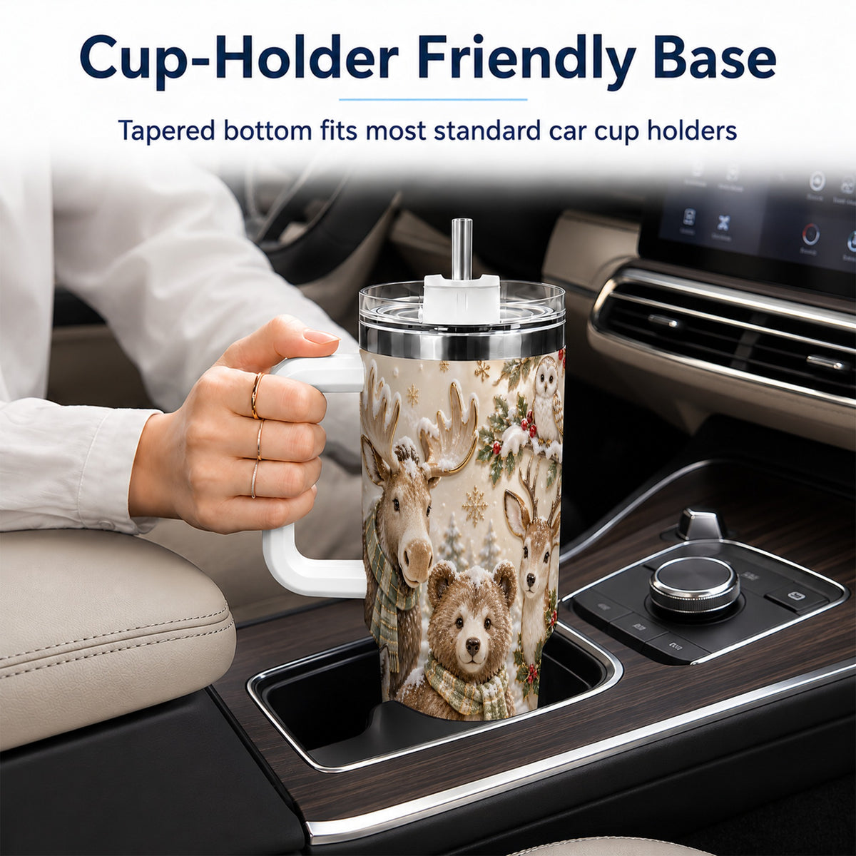 Porcelain Woodland 40oz Tumbler with Handle, Winter Animals Travel Cup