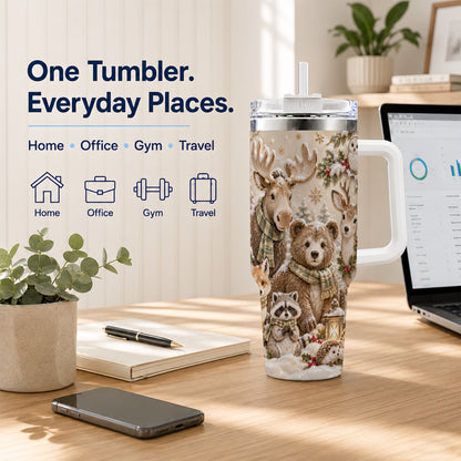 Porcelain Woodland 40oz Tumbler with Handle, Winter Animals Travel Cup