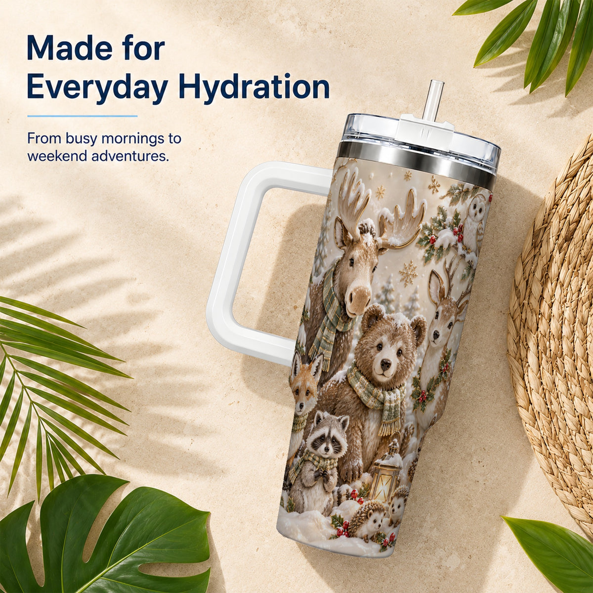 Porcelain Woodland 40oz Tumbler with Handle, Winter Animals Travel Cup