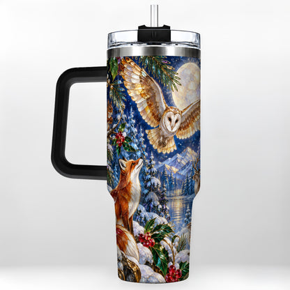 #pl[40oz|Black] Stained Glass Winter 40oz Tumbler with Handle, Woodland Animals Travel Cup