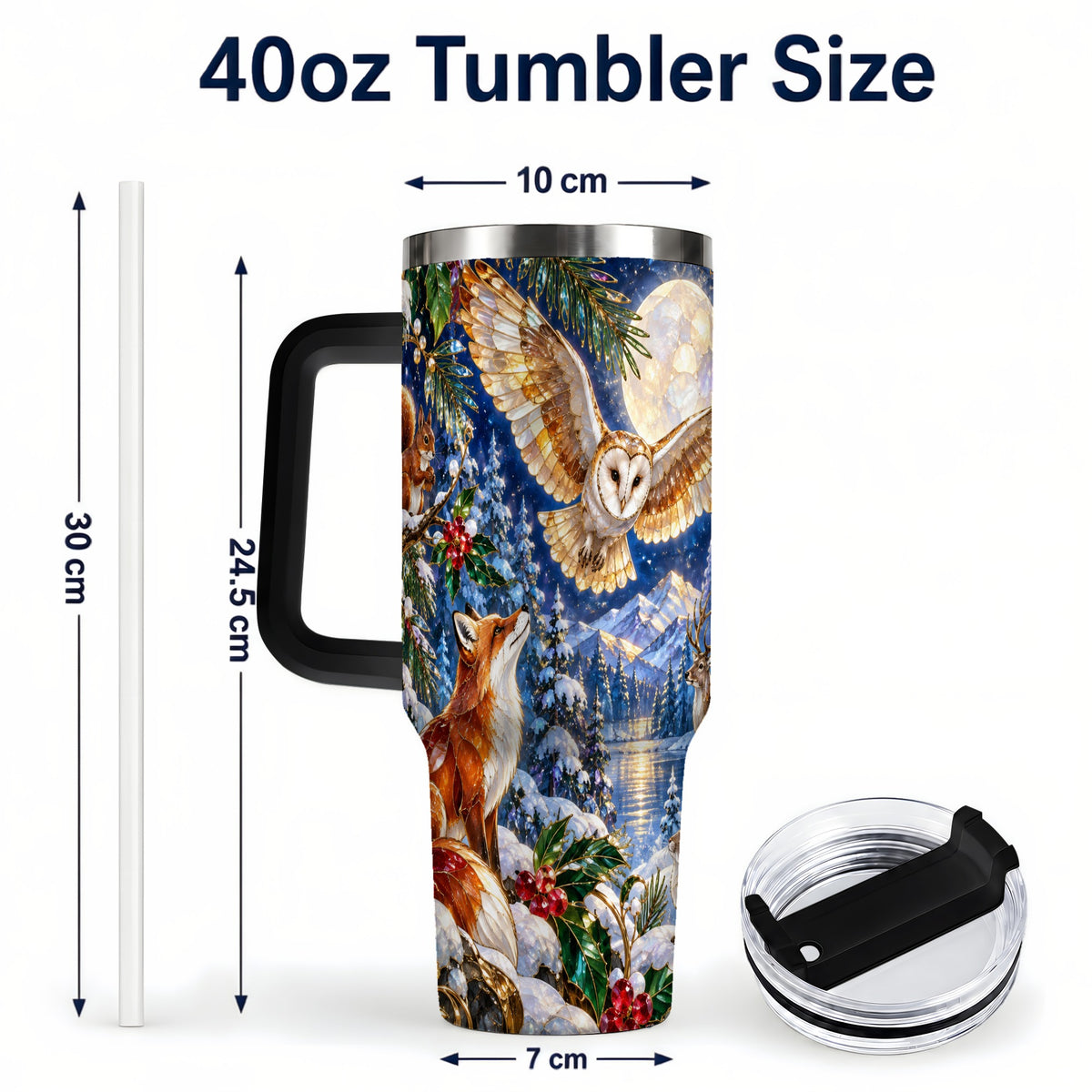 #pl[40oz|Black] Stained Glass Winter 40oz Tumbler with Handle, Woodland Animals Travel Cup
