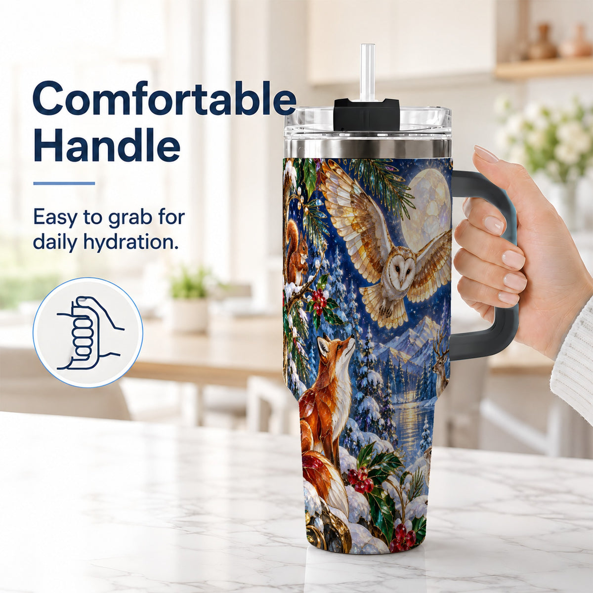 #pl[40oz|Black] Stained Glass Winter 40oz Tumbler with Handle, Woodland Animals Travel Cup