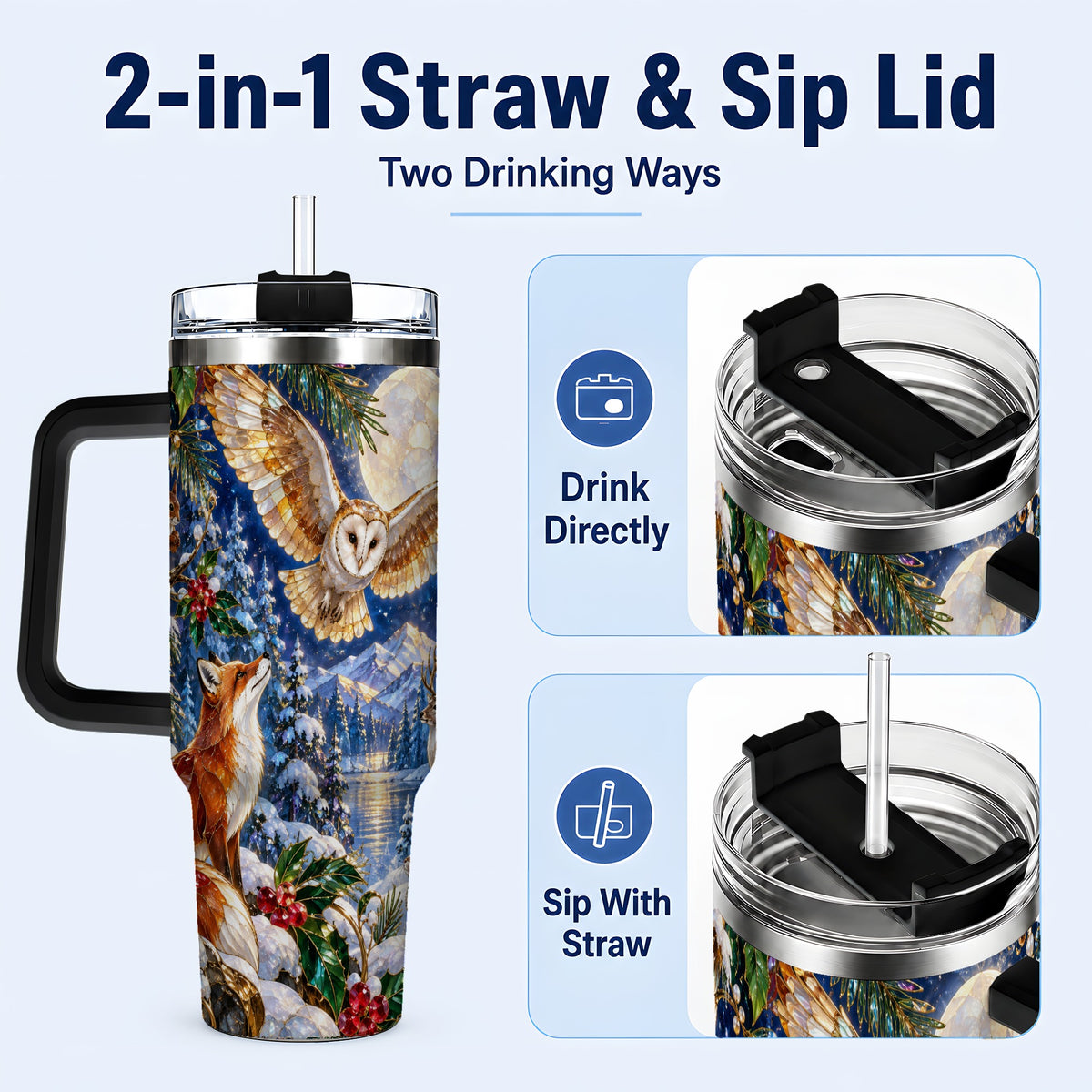 #pl[40oz|Black] Stained Glass Winter 40oz Tumbler with Handle, Woodland Animals Travel Cup
