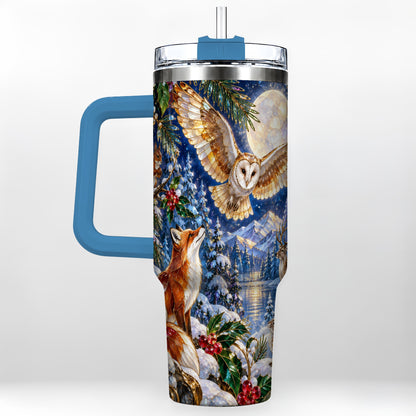 #pl[40oz|Blue] Stained Glass Winter 40oz Tumbler with Handle, Woodland Animals Travel Cup