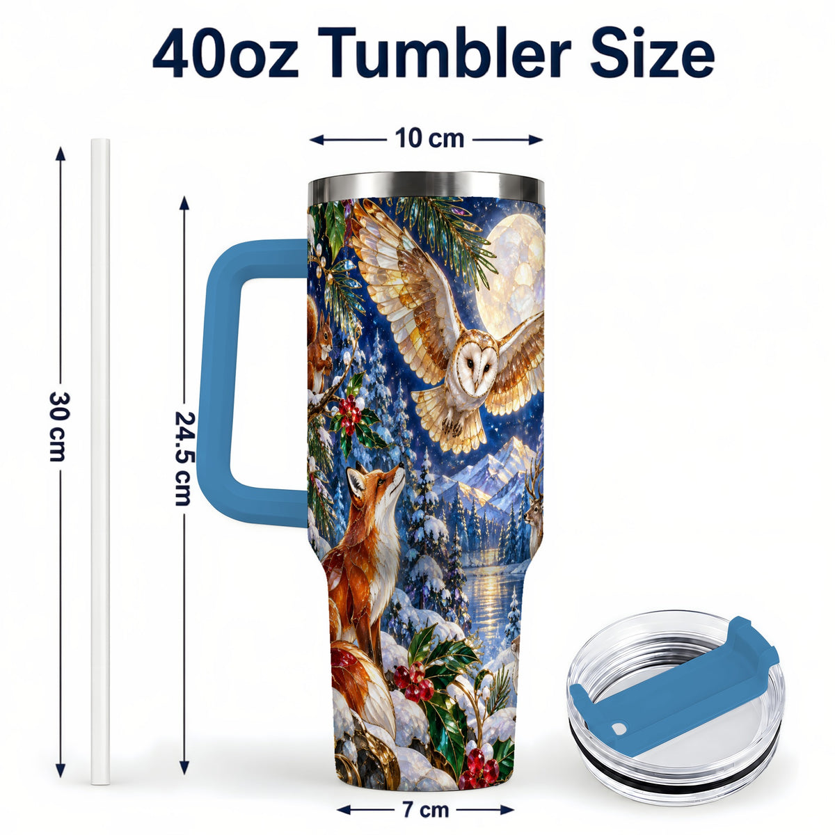 #pl[40oz|Blue] Stained Glass Winter 40oz Tumbler with Handle, Woodland Animals Travel Cup
