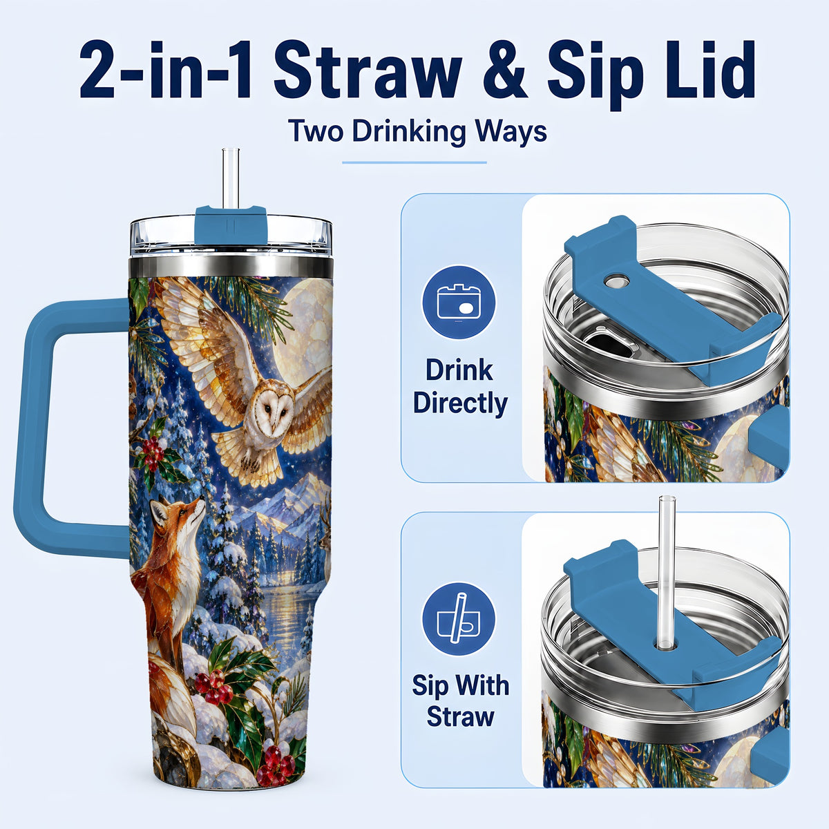 #pl[40oz|Blue] Stained Glass Winter 40oz Tumbler with Handle, Woodland Animals Travel Cup