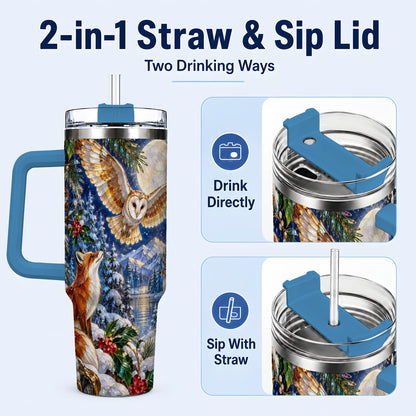 #pl[40oz|Blue] Stained Glass Winter 40oz Tumbler with Handle, Woodland Animals Travel Cup