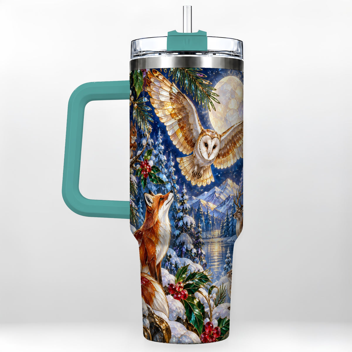 #pl[40oz|Green] Stained Glass Winter 40oz Tumbler with Handle, Woodland Animals Travel Cup