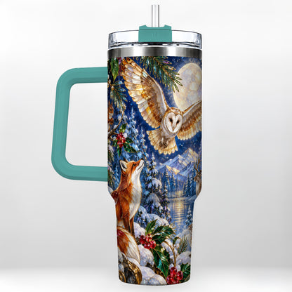 #pl[40oz|Green] Stained Glass Winter 40oz Tumbler with Handle, Woodland Animals Travel Cup